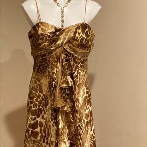 Learn More.
Gorgeous, silk, spaghetti strap, brown & gold, animal print